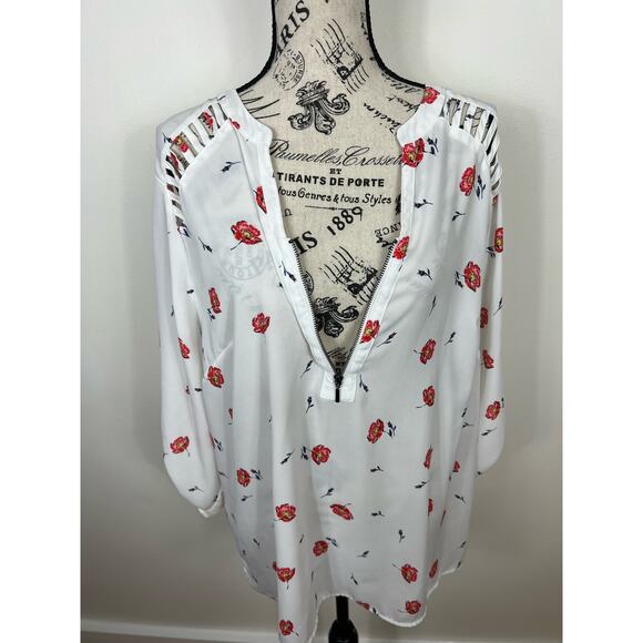 Maurices Semi Sheer white and red floral long sleeve V-neck Blouse - Picture 5 of 12